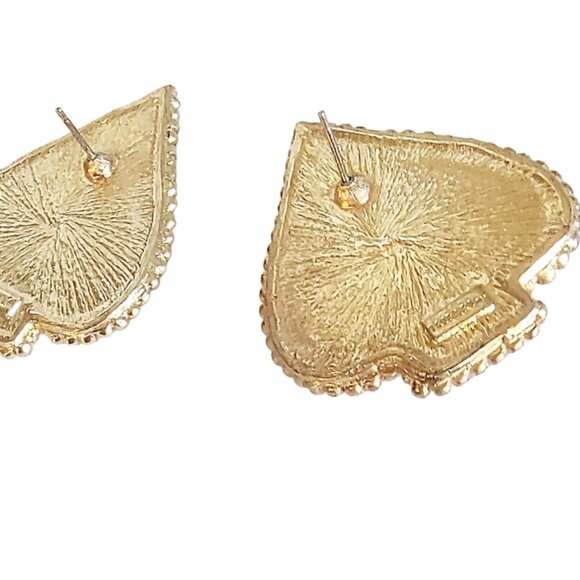 1990s Vintage Large Black & Gold Heart Shaped Pierced Post Earrings By Trifari - Picture 4 of 6